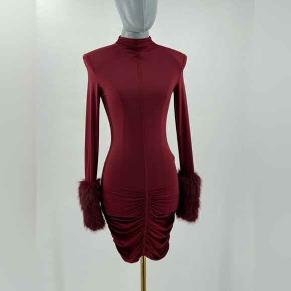 🆕 BRONX & BANCO 🧿 NWOT Eleanor Burgundy Fur Trimmed Mini Dress, Sz XS US 2 - Picture 3 of 17